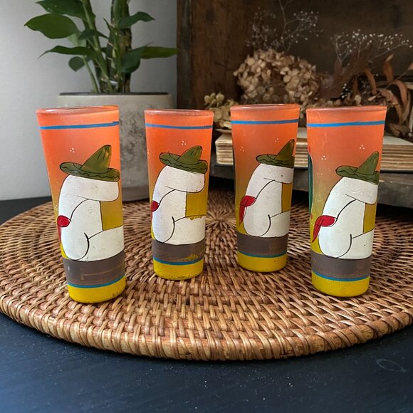 Vintage Hand Painted Mexican Folk Art Sleepy Pancho Tequila Shot Glasses - Set 4 - Picture 3 of 5